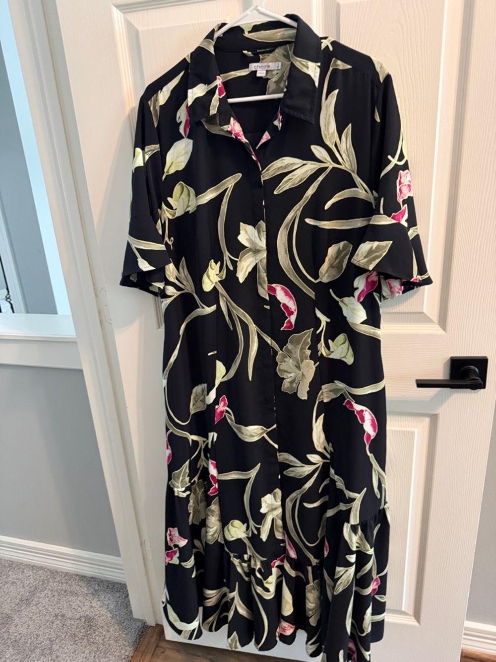 Chico's Black Floral Button-Front Midi Dress with Cream and Pink Accents